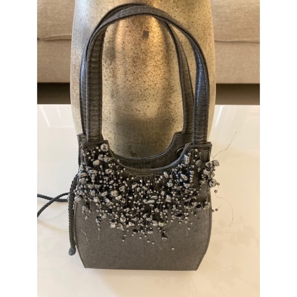 Evening Bag ~ Small Silver Grey Metallic Purse with Shiny Silver Accent Beads